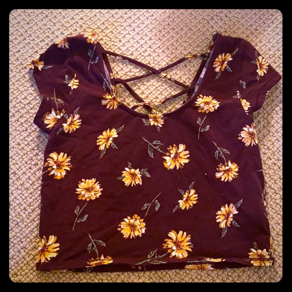 Crop top, red + sunflower print.